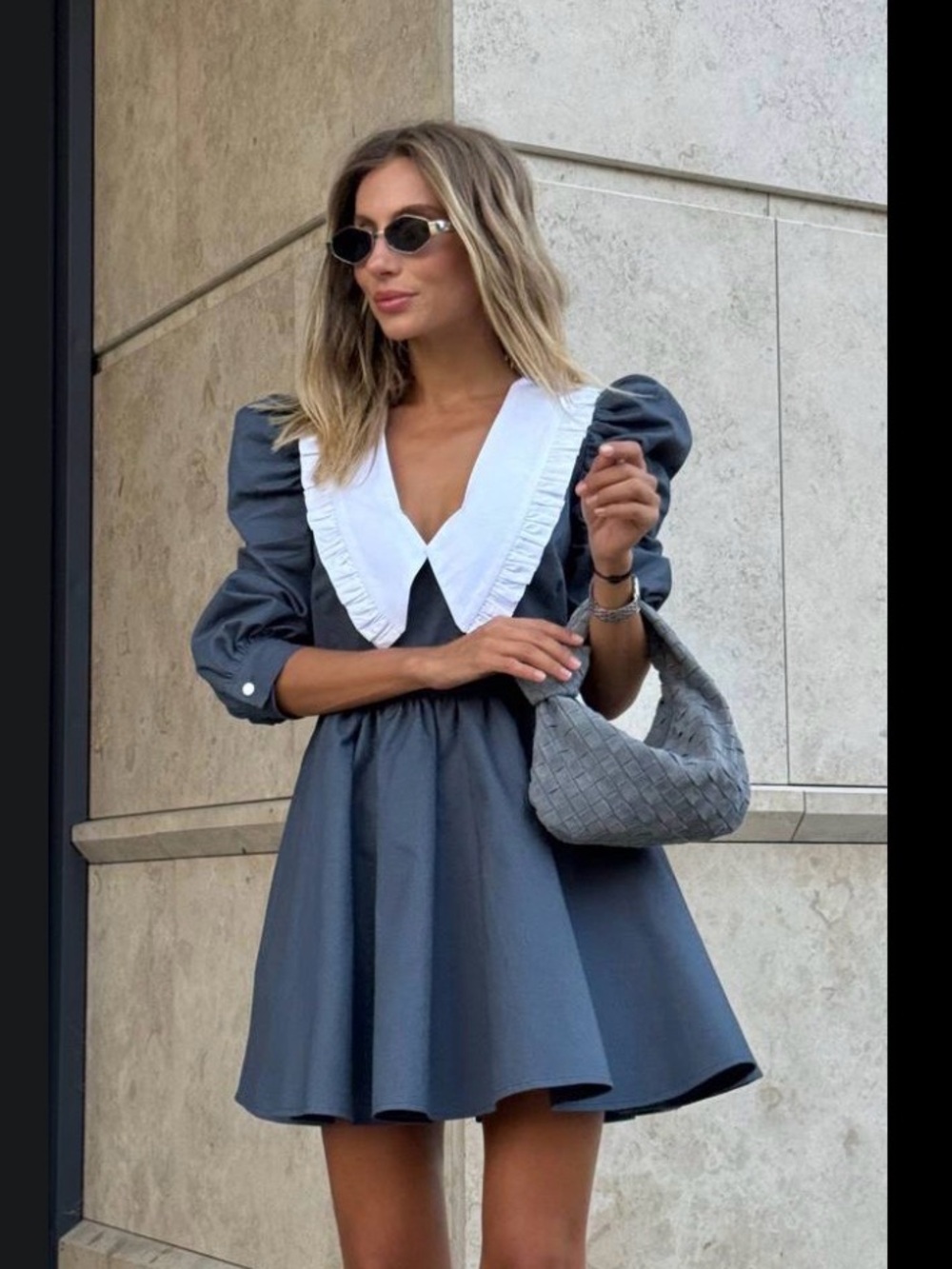 Puff-Sleeve Mini Dress with White Ruffle Collar - Slate Gray